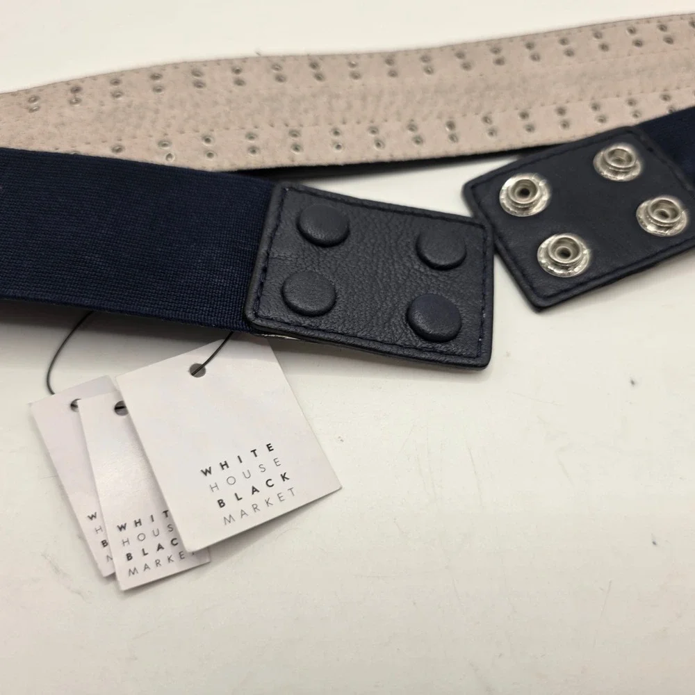White House Black Market Navy Blue Studded Leather Elastic Waist Belt Size M NEW